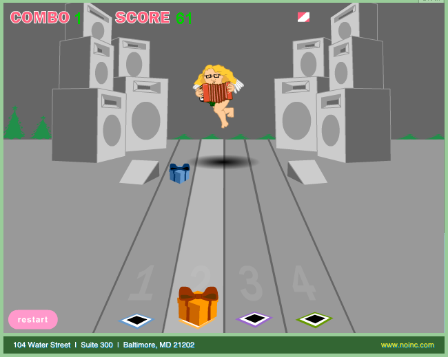 Accordion Hero (Browser) screenshot: Hit the correct accordion button when the present reaches the bottom of the screen!