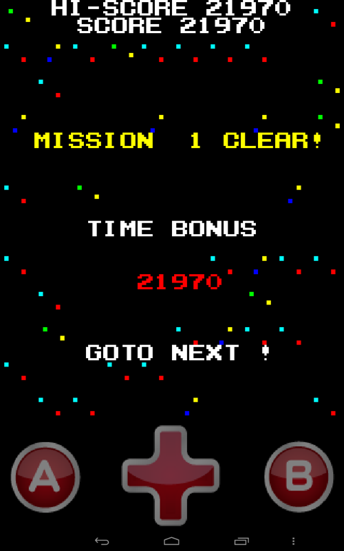 Missile Panic (Android) screenshot: End of level 1. We get a score bonus for getting a good time.