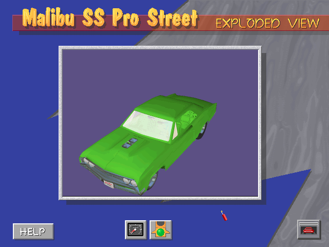 Backroad Racers (DOS) screenshot: The cars in the game are based on model kits. You can view details about the model kit for each car.