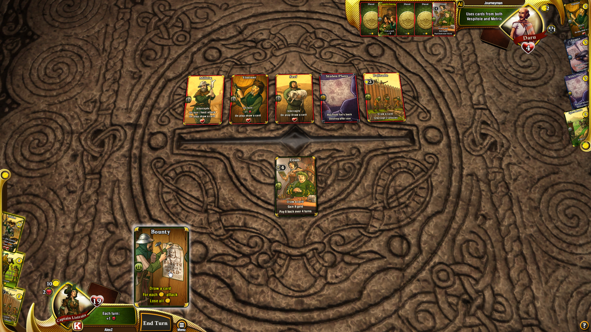 War of Omens (Browser) screenshot: Vespitole battle. The opponent has played many cards, and has even more in his hand. I have only one left, but it will be enough.