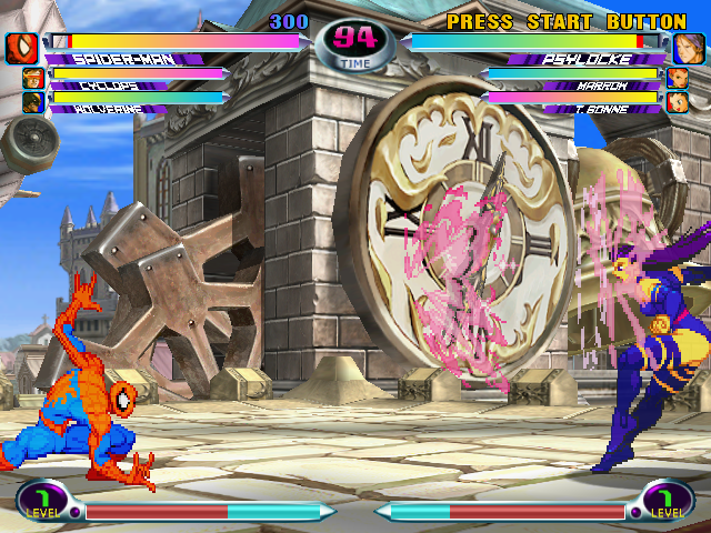 Marvel vs. Capcom 2 (Dreamcast) screenshot: Spider-Man vs. Psylocke.