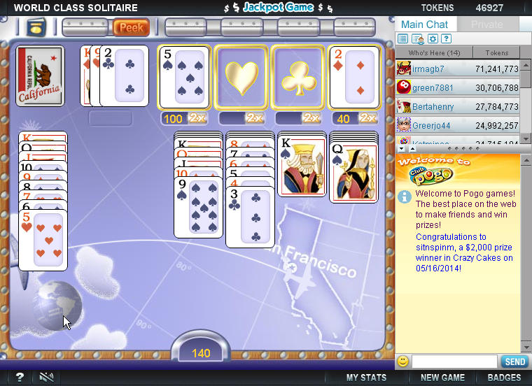 World Class Solitaire (Browser) screenshot: After using the bonus cards, the foundation piles become gold.
