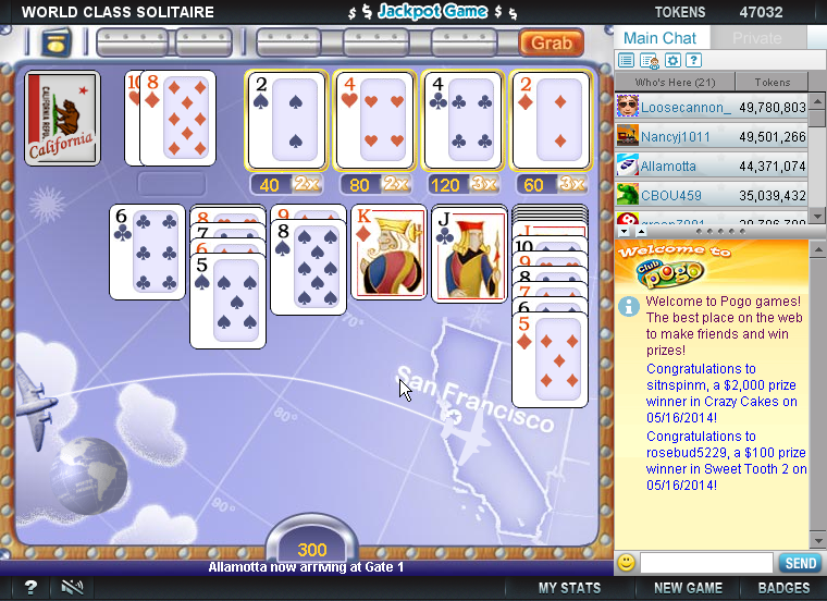 World Class Solitaire (Browser) screenshot: Filling up the foundation piles.