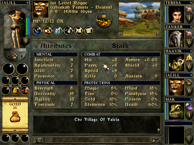 Wizards & Warriors (Windows) screenshot: Character attributes. This is my female Whiskah... cute, isn't she?