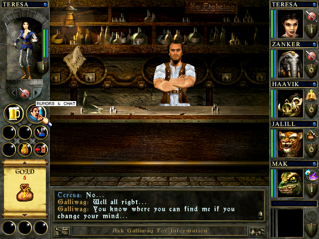 Wizards & Warriors (Windows) screenshot: The local bartender can share some rumors with you