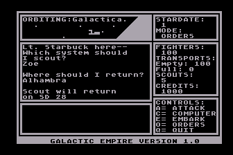 Galactic Empire (Atari 8-bit) screenshot: Planning a Scouting Mission