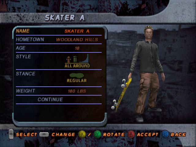 Tony Hawk's Pro Skater 2 (Dreamcast) screenshot: New mode: Create Skater so you can create your own custom skater.