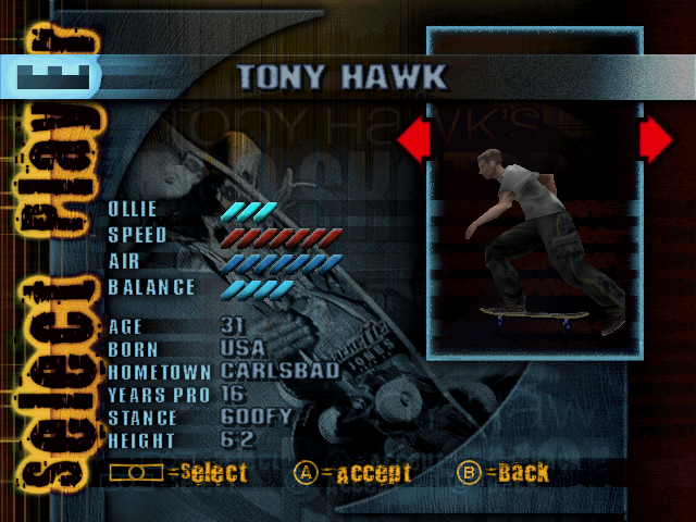 Tony Hawk's Pro Skater (Dreamcast) screenshot: Character select screen.