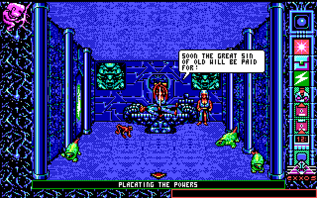 Chamber of the Sci-Mutant Priestess (DOS) screenshot: A human... er, Protozorq sacrifice to Deilos