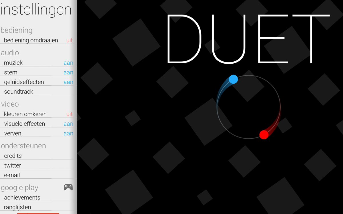 Duet (Android) screenshot: Sweep to the left to open up the options (Dutch version).