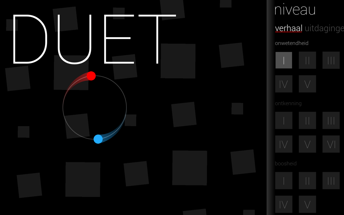 Duet (Android) screenshot: Sweep to the right for the different acts and stages (Dutch version).