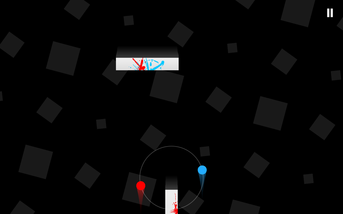 Duet (Android) screenshot: The coloured splatters show where you failed.