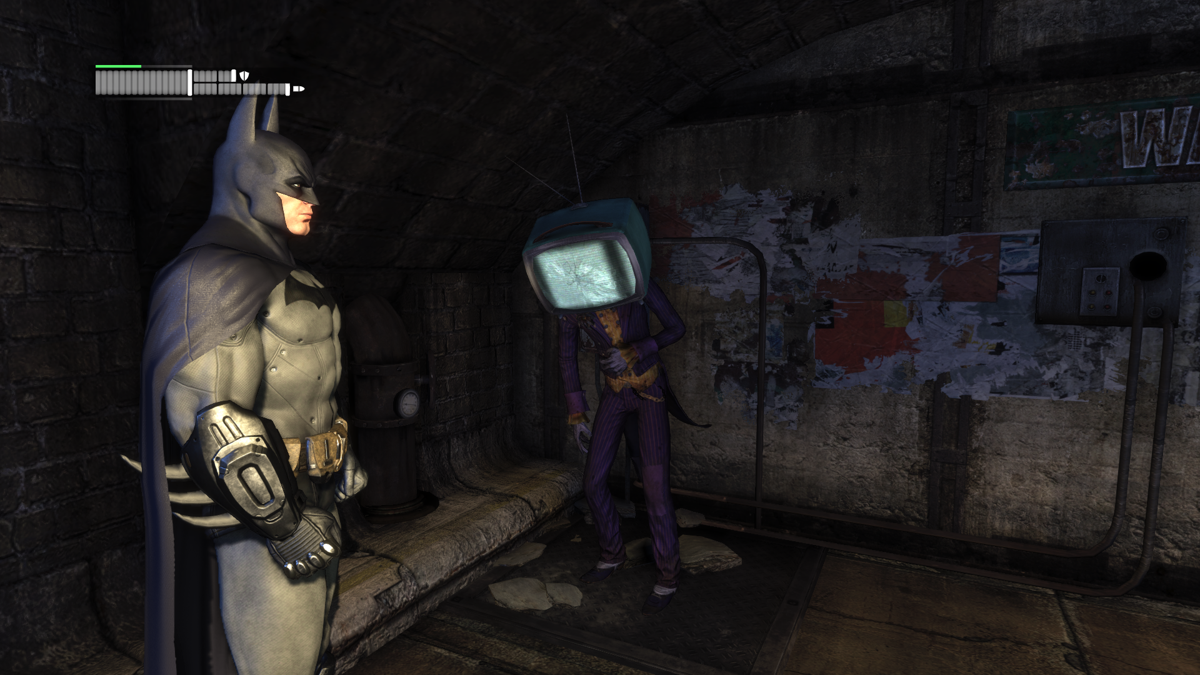 Batman: Arkham City - Harley Quinn's Revenge (Windows) screenshot: TV-faced Joker statue
