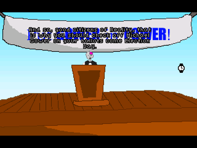The Lost Treasure of RON (Windows) screenshot: Zombie Michael Gower is running for the Mayor