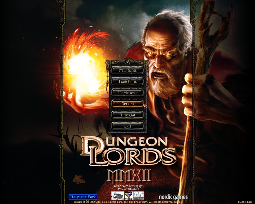 Dungeon Lords MMXII (Windows) screenshot: The title screen looks weird - a bit like a cover...
