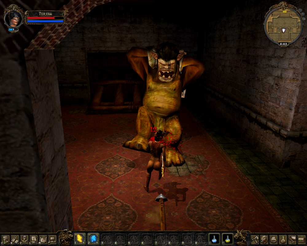 Dungeon Lords MMXII (Windows) screenshot: Fighting a fearsome ogre in an empty theater!
