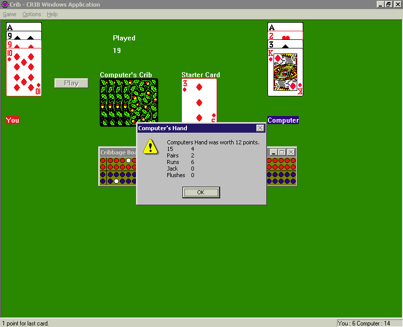 Crib (Windows) screenshot: At the end of a hand the game reckons up the computer opponents score like this