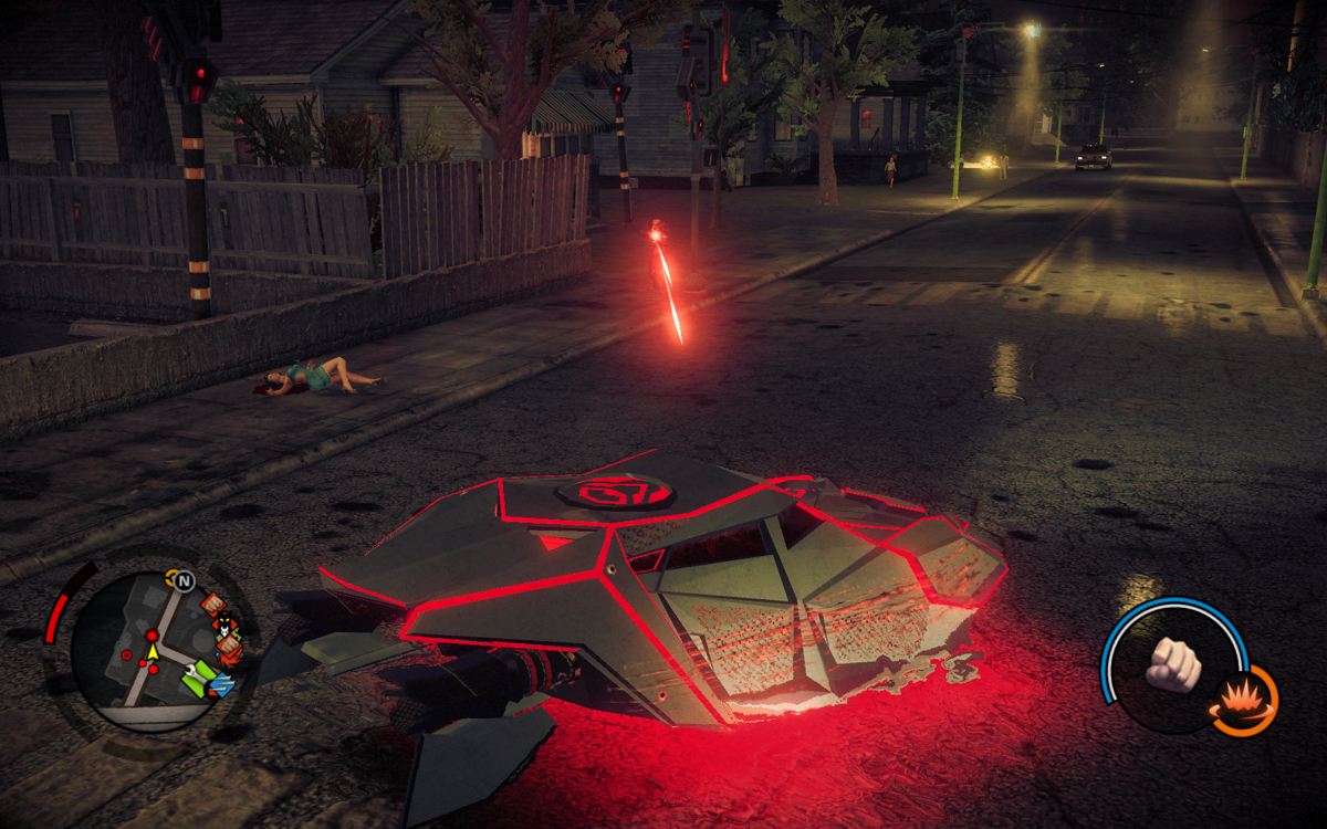 Saints Row IV (Windows) screenshot: ...and driving cars. Here I hijacked an alien hovercar. The aliens do not seem to like that