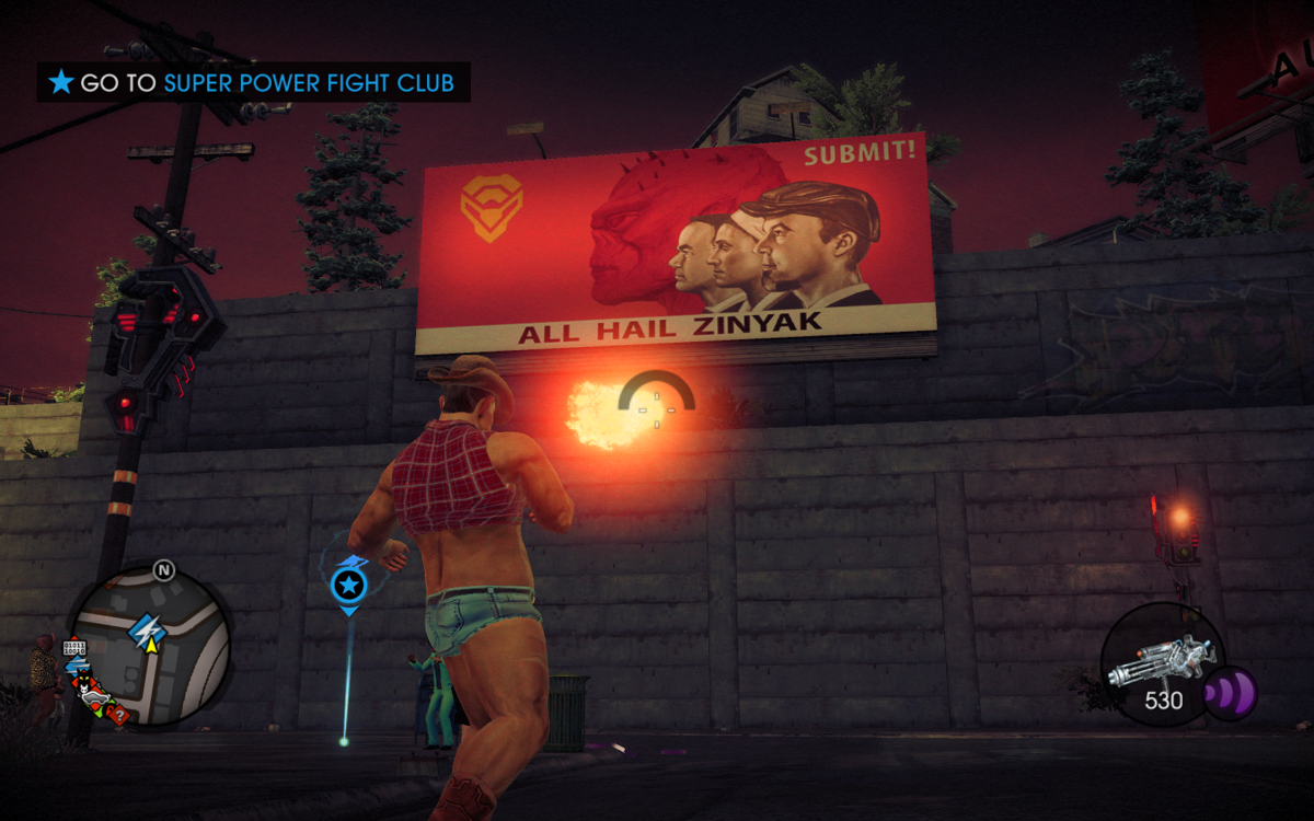 Saints Row IV (Windows) screenshot: Using your fireball ability on the stylish Soviet-like alien propaganda poster