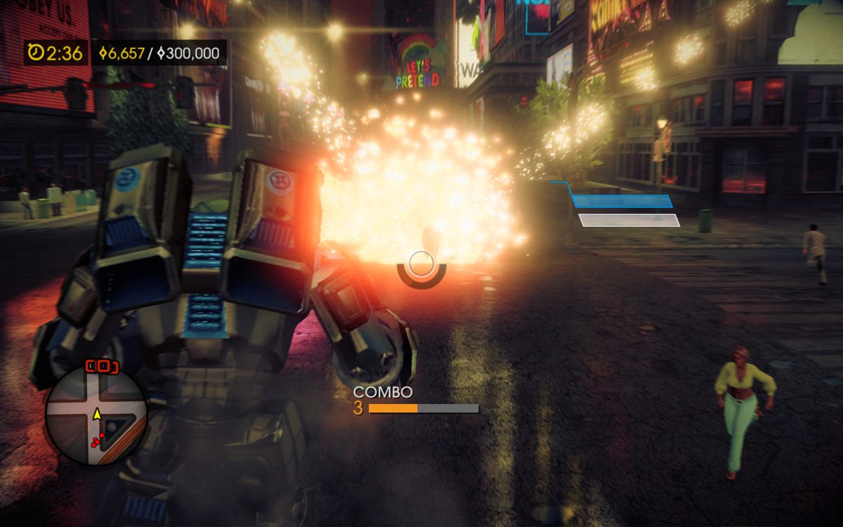 Saints Row IV (Windows) screenshot: Wreaking havoc in a robotic armor!