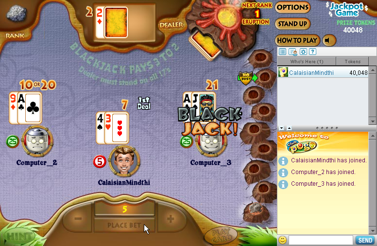 Casino Island Blackjack (Browser) screenshot: A blackjack from the first two cards. Luck is a major factor in this game.