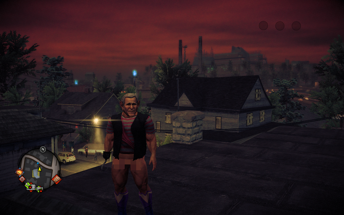 Saints Row IV (Windows) screenshot: A George Bush-wannabe is standing on the roof without wearing underwear: only in Saints Row IV