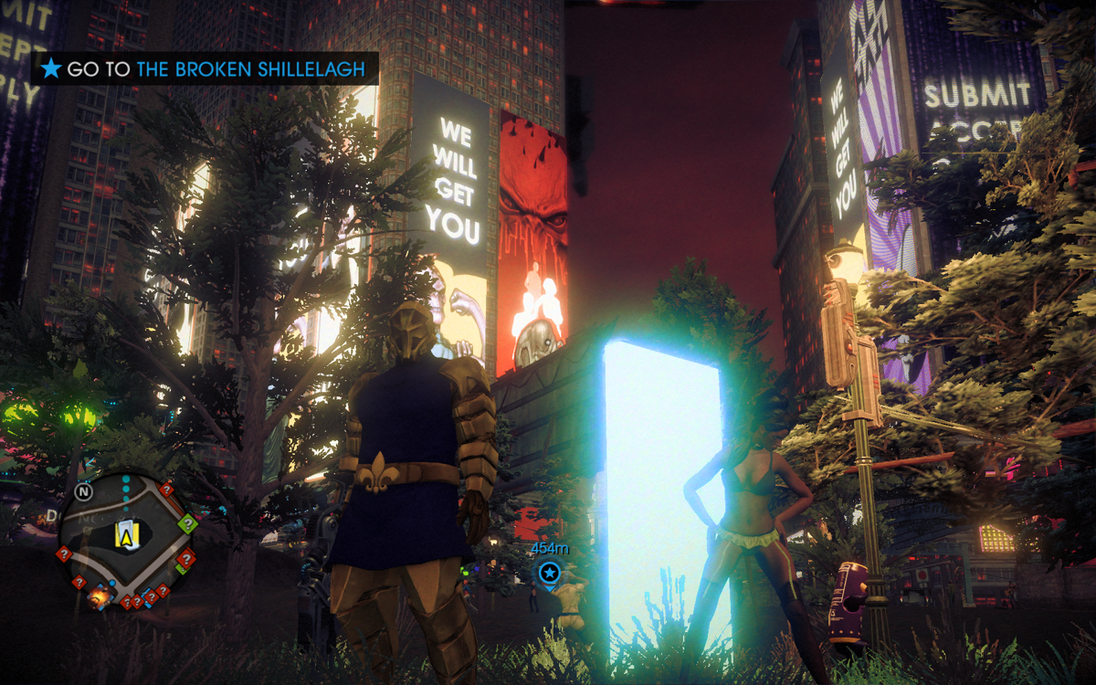 Saints Row IV (Windows) screenshot: Posing in an iron man costume, with scantily clad young women dancing around the gateway out of the virtual reality, in the city center