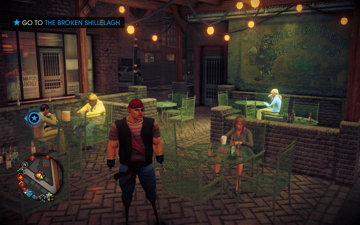 Saints Row IV (Windows) screenshot: Dressed as a peg-legged pirate. Visiting a quiet, picturesque bar