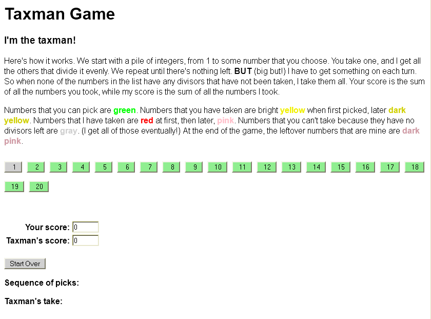 Taxman Game (Browser) screenshot: The beginning of the game