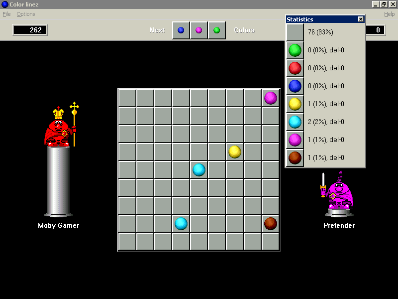 Color Linez (Windows) screenshot: There are in game statistics that show the number and percentage of balls in play