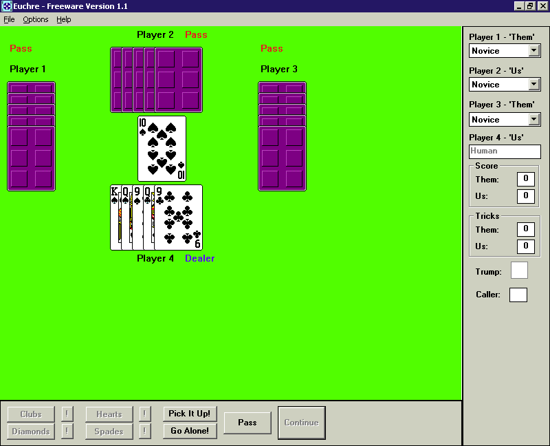 Euchre (Windows 3.x) screenshot: The start of a game. The card backs can be altered