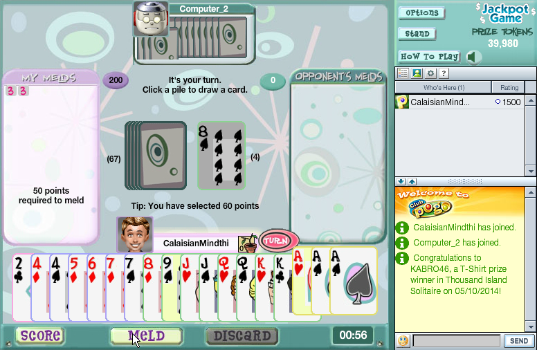 Canasta (Browser) screenshot: Whoa, I ended with quite a lot of cards.