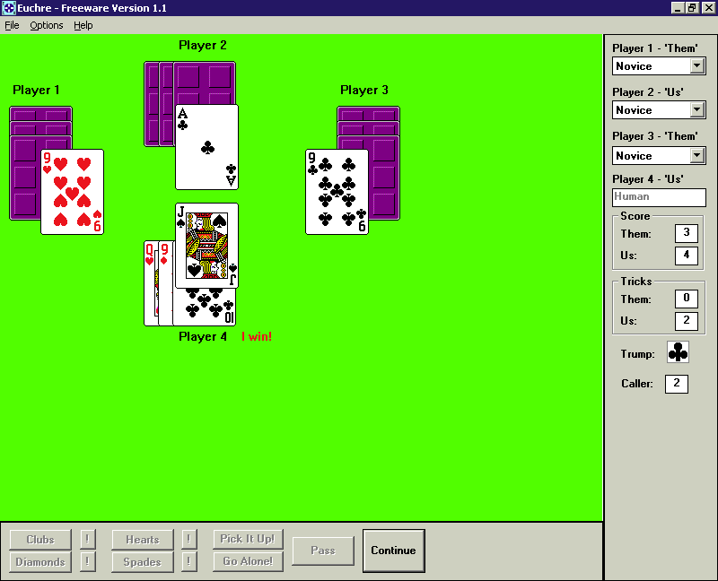Euchre (Windows 3.x) screenshot: The game is underway. Whenever a trick is won the words 'I Win!' appear
