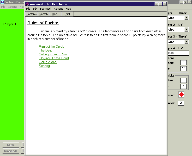 Euchre (Windows 3.x) screenshot: The game has a decent help file that is accessed via the menu bar. It opens in a new window that overlays the game area