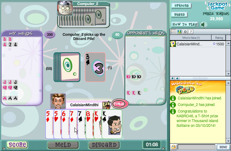 Canasta (Browser) screenshot: Picking the discard pile is a good way to obtain more melds if you have a good memory.