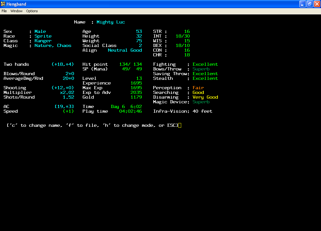 Hengband (Windows) screenshot: Character overview