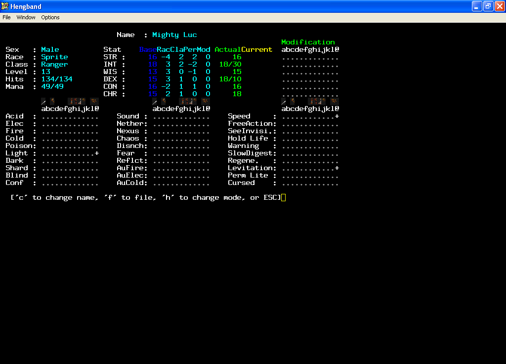 Hengband (Windows) screenshot: Character overview continued. Resistances and some special abilities are listed here, among other things.