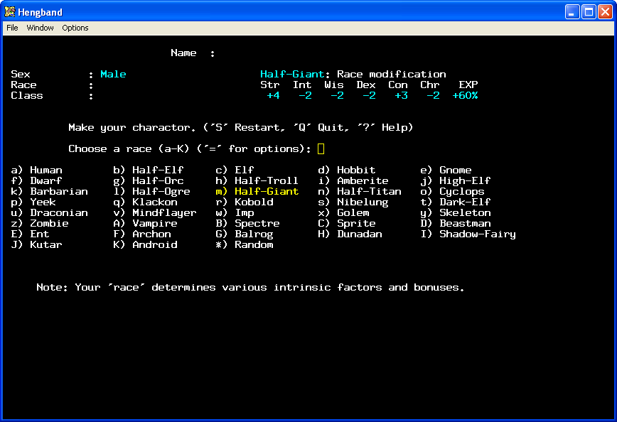 Hengband (Windows) screenshot: Choosing character race