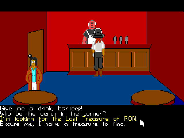 The Lost Treasure of RON (Windows) screenshot: Talking to George in Scid's bar, while Elandra is waiting silently