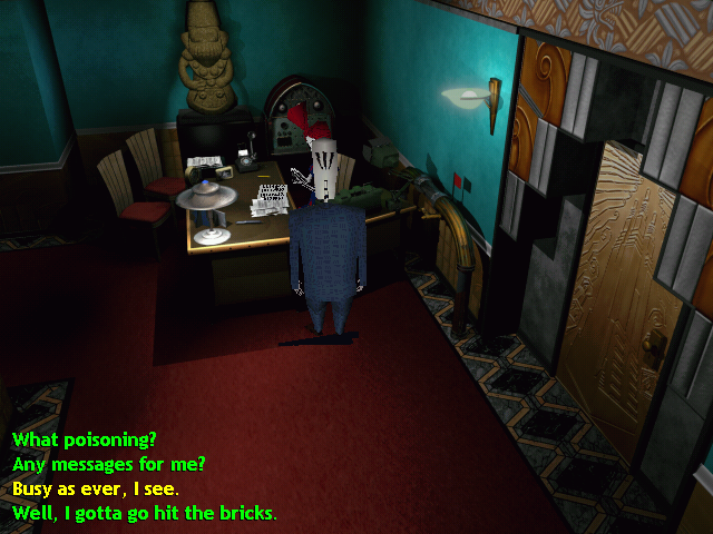 Grim Fandango (Windows) screenshot: Exploring the office building, the game's first major hub area. Talking to the secretary - dialogue options are displayed
