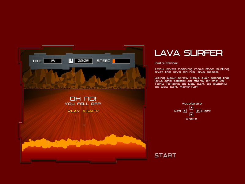 Lava Surfing (Browser) screenshot: Alas, not even the Toa of Fire can survive being submerged in lava...