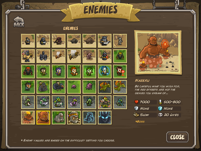 Kingdom Rush: Frontiers (Browser) screenshot: All enemies