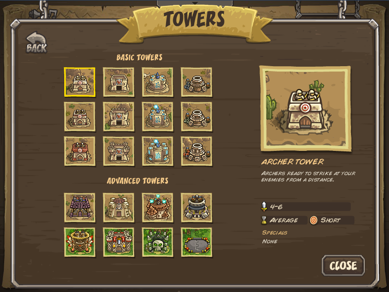 Kingdom Rush: Frontiers (Browser) screenshot: All towers