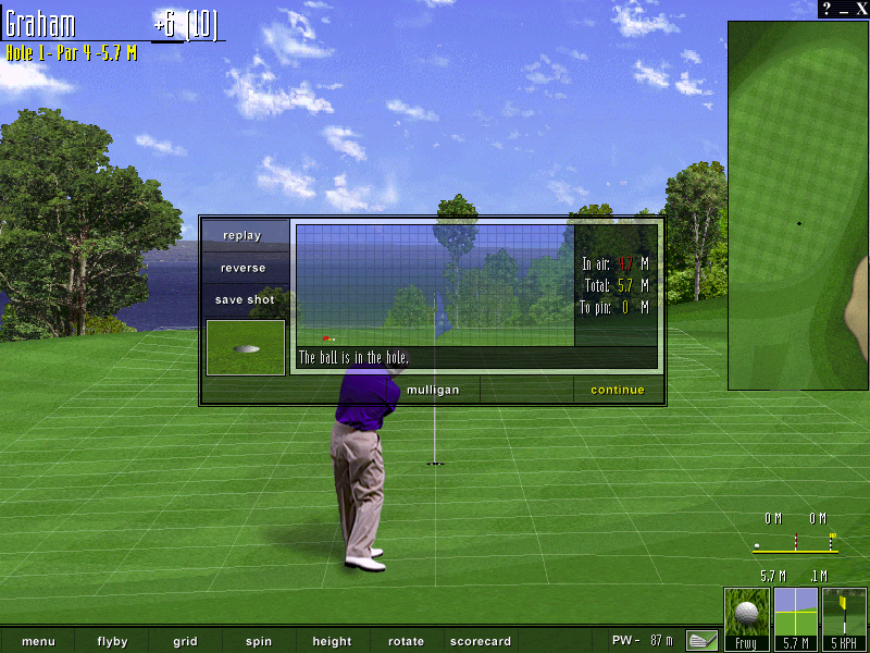 Microsoft Golf 1998 Edition (Windows) screenshot: This is what it's all about, the ball is finally in the hole. The grid on the green is optional and can be disabled