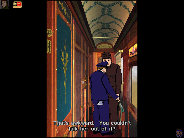 The Last Express (DOS) screenshot: Train staff is talking about a noisy dog