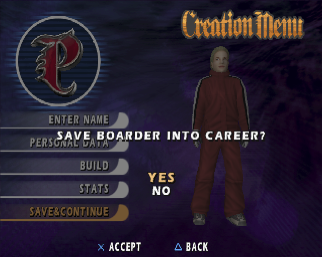 Shaun Palmer's Pro Snowboarder (PlayStation 2) screenshot: This is the end of the 'Create Boarder' process.