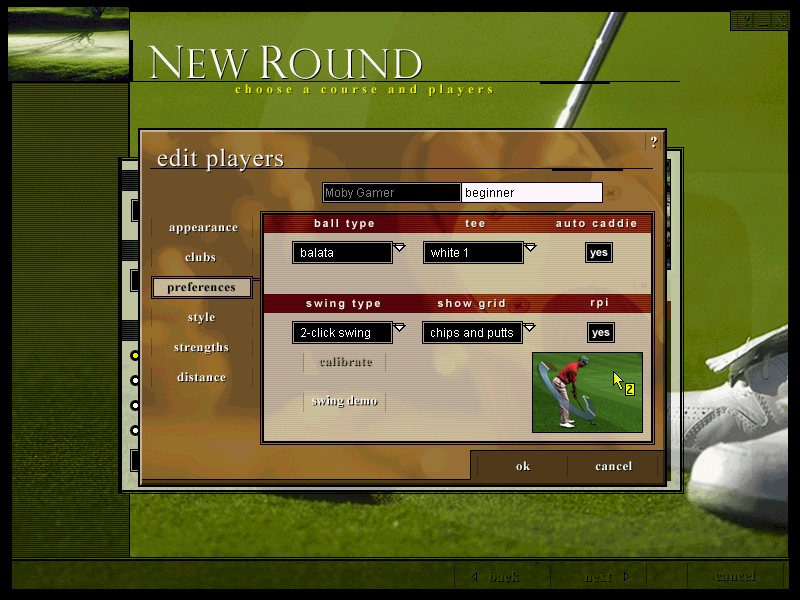 Microsoft Golf 1998 Edition (Windows) screenshot: Creating a new player. Not only can the player's shirt colour be changed but the clubs they carry, the distance they can hit the ball and much more can be set