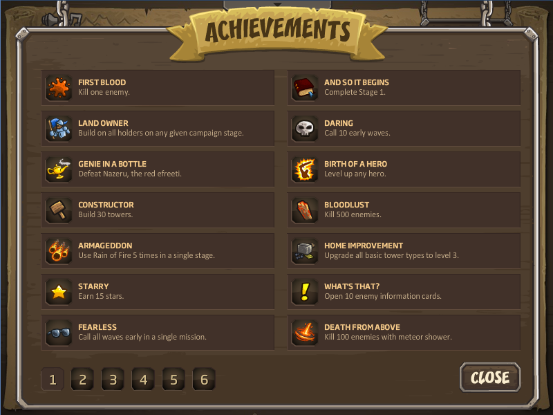 Kingdom Rush: Frontiers (Browser) screenshot: Achievements