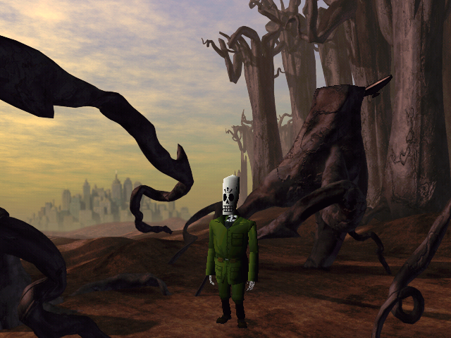 Grim Fandango (Windows) screenshot: The game is full of journeys, and the amount of different location themes is very high. Here we go through an atmospheric forest
