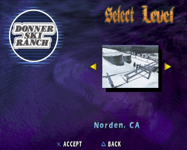 Shaun Palmer's Pro Snowboarder (PlayStation 2) screenshot: Donner Ski Ranch is the default venue. There are others but they have to be unlocked by playing in the career mode